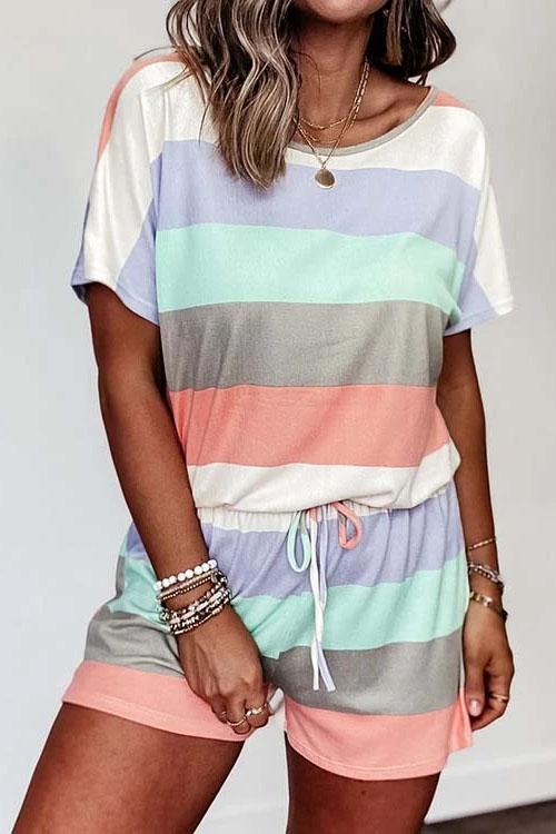 Karladress Crewneck Color Block Striped Drawstring Romper