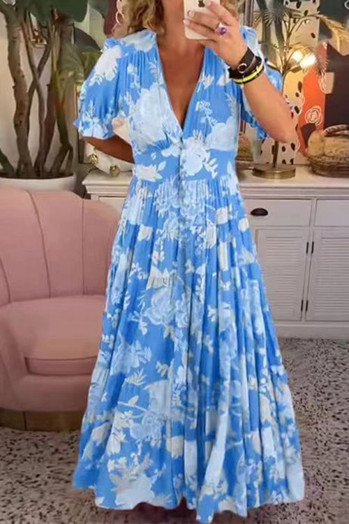 Karladress V Neck Button Up Floral Print Flowy Maxi Dress