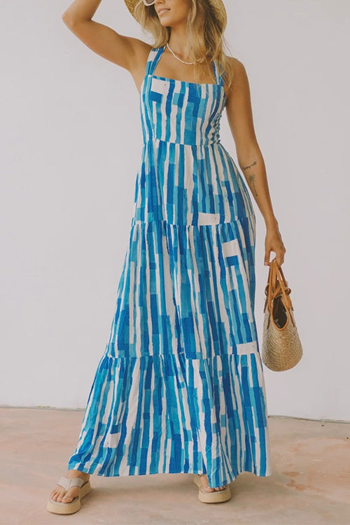 Karladress Square Collar Tiered Striped Maxi Cami Dress