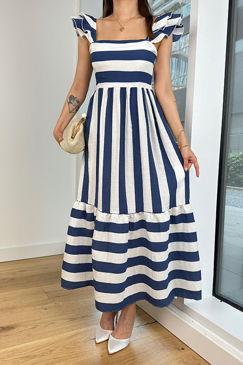 Karladress Square Neck Ruffle Sleeves Striped Maxi Dress