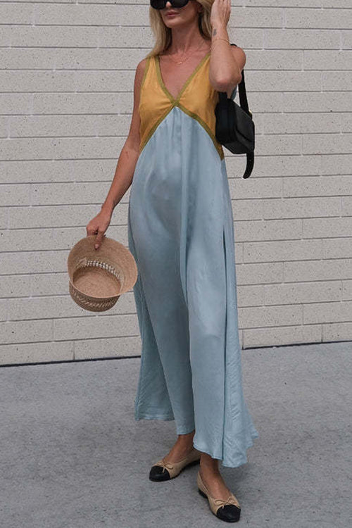 Karladress V Neck Color Block Sleeveless Maxi Swing Dress