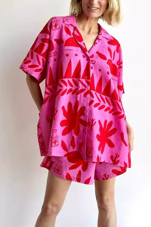 Karladress Side Split Button Down Shirt Elastic Waist Shorts Printed Summer Set