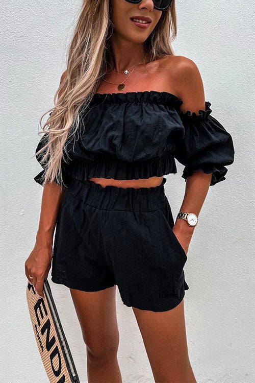 Karladress Ruffle Off Shoulder Short Sleeves Crop Top Elastic Waist Shorts Set