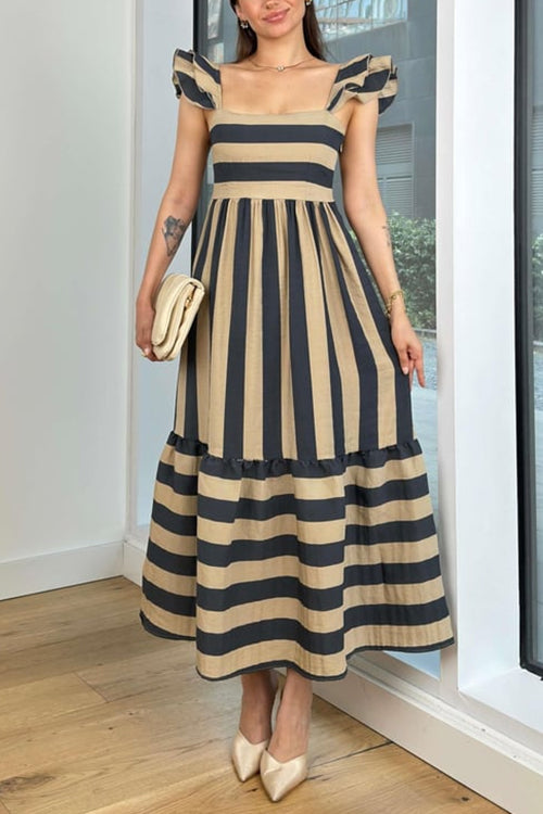 Karladress Square Neck Ruffle Sleeves Striped Maxi Dress