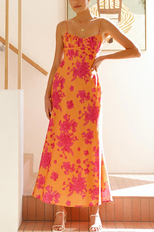 Spaghetti Strap Twist Backless Floral Print Maxi Dress