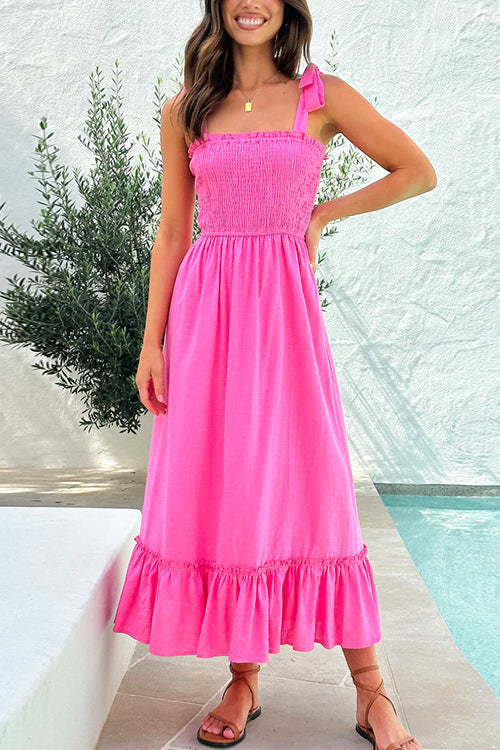 Karladress Wide Straps Bow Shoulder Smocked Ruffle Maxi Dress