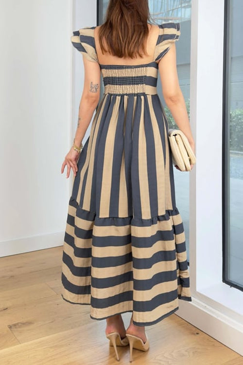 Karladress Square Neck Ruffle Sleeves Striped Maxi Dress