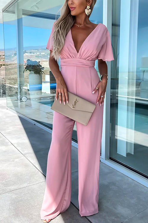 Karladress Deep V Neck Ruffle Sleeve High Waist Wide Leg Jumpsuit