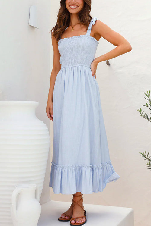 Karladress Wide Straps Bow Shoulder Smocked Ruffle Maxi Dress