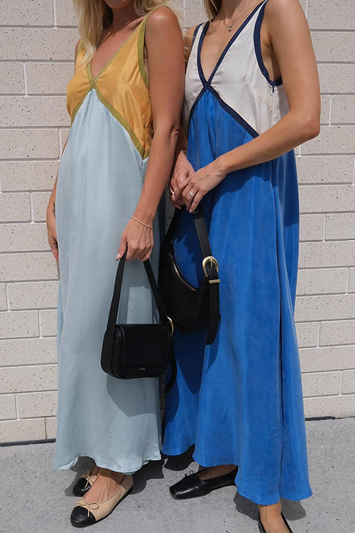 Karladress V Neck Color Block Sleeveless Maxi Swing Dress