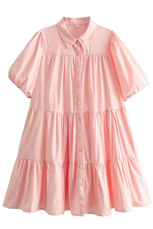 Karladress Puff Sleeves Button Down Ruffle Tiered Mini Shirt Dress