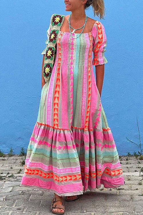 Karladress Boat Neck Short Sleeve Multi-colored Boho Print Maxi Swing Dress