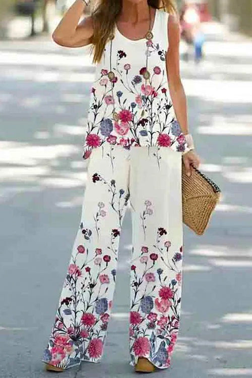 Karladress Sleeveless Tank Top Wide Leg Pants Floral Print Two Pieces