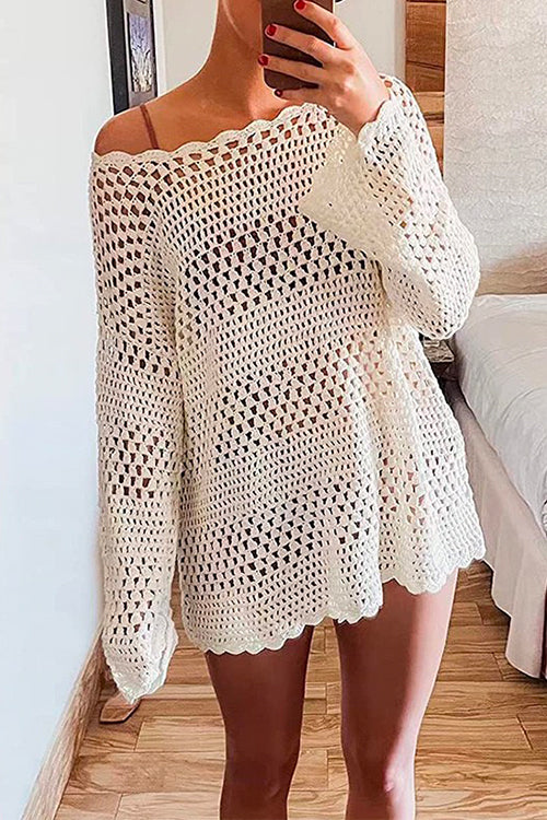 Karladress Long Sleeves Hollow Out Crochet Beach Cover Up Dress