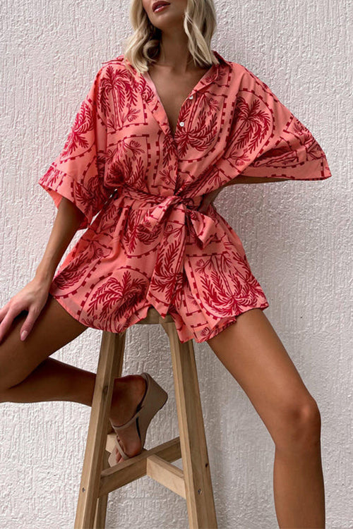 Karladress Short Sleeves Button Up Tie Waist Printed Romper