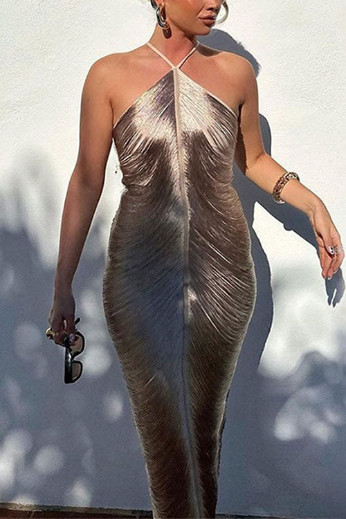 Karladress Chicest Halter Draped Fringe Maxi Party Dress