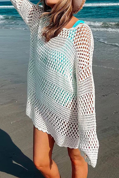 Karladress Long Sleeves Hollow Out Crochet Beach Cover Up Dress