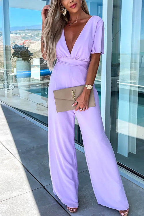 Karladress Deep V Neck Ruffle Sleeve High Waist Wide Leg Jumpsuit