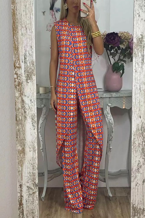 Karladress Printed High Slit Long Tank Top and Bell Bottoms Pants Set