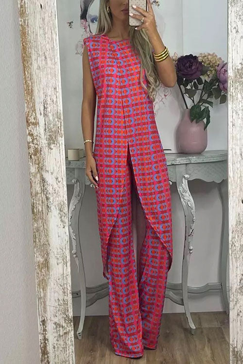 Karladress Printed High Slit Long Tank Top and Bell Bottoms Pants Set