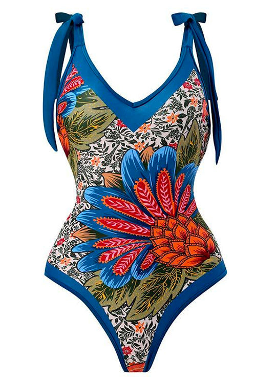 Karladress V Neck Bow Shoulder One-piece Swimwear and Wrap Cover Up Skirt Printed Set