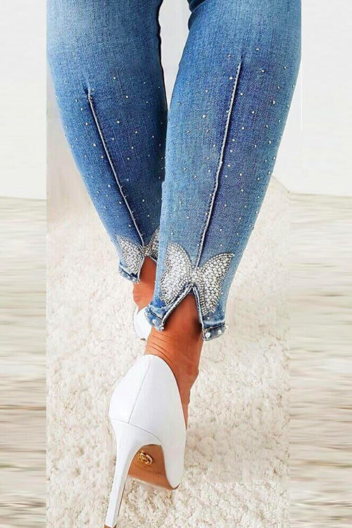 Karladress Beaded Butterfly Distressed Skinny Denim Pants