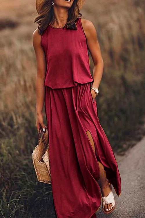 Karladress Sleeveless Waisted Slit Maxi Tank Dress