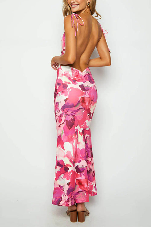 Karladress Tie Shoulder Backless Printed Maxi Cami Dress