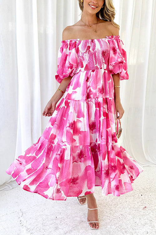 Karladress Off Shoulder Puff Sleeves Ruffle Tiered Printed Midi Dress