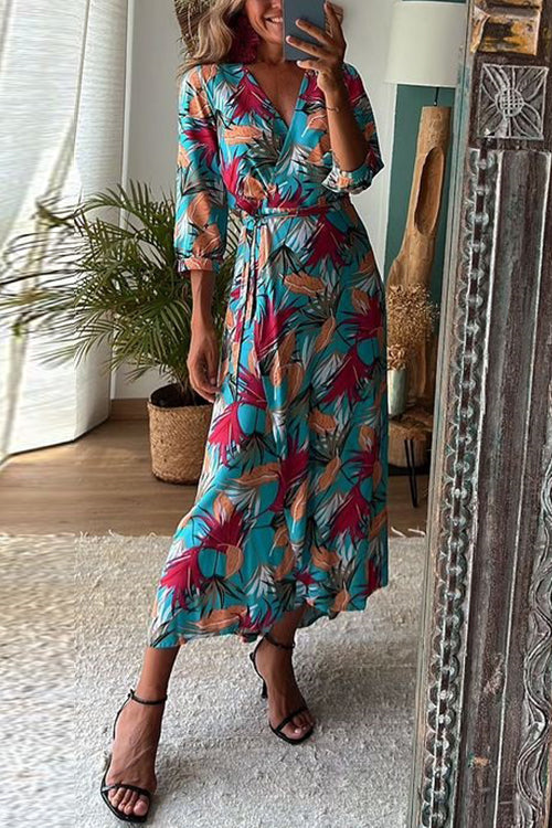 Karladress Wrap V Neck 3/4 Sleeve Tie Waist Holiday Printed Dress