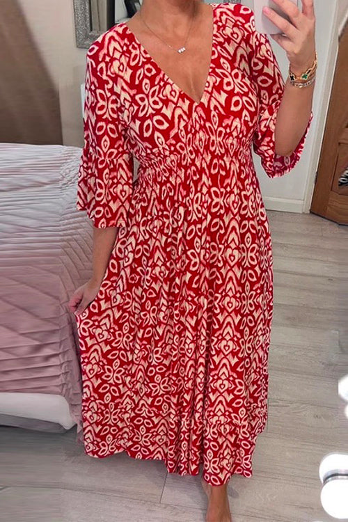 Karladress V Neck Half Sleeves Printed Swing Maxi Holiday Dress