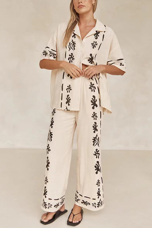 Karladress Cotton Linen Short Sleeves Button Down Shirt Elastic Waist Wide Leg Pants Printed Set