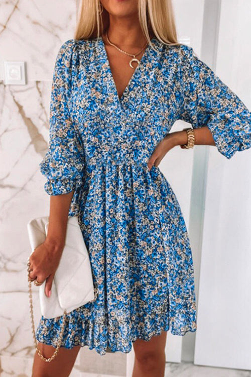 Karladress V Neck Puff Sleeve Waisted Floral Ruffle Dress