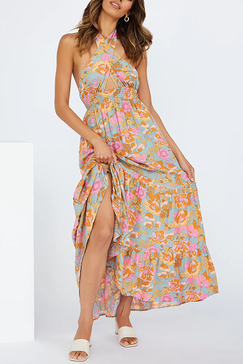 Karladress Criss Cross Halter Backless Cut Out Slit Floral Maxi Dress