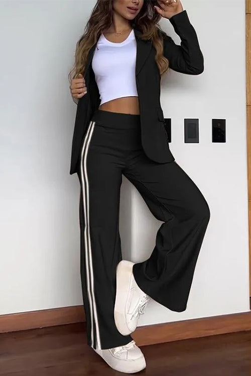 Karladress Color Block Open Front Blazer Elastic Waist Slit Wide Leg Pants Set