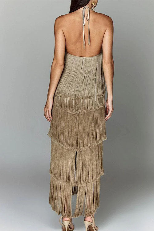 Karladress Chicest Halter Ruffle Layered Fringe Maxi Party Dress