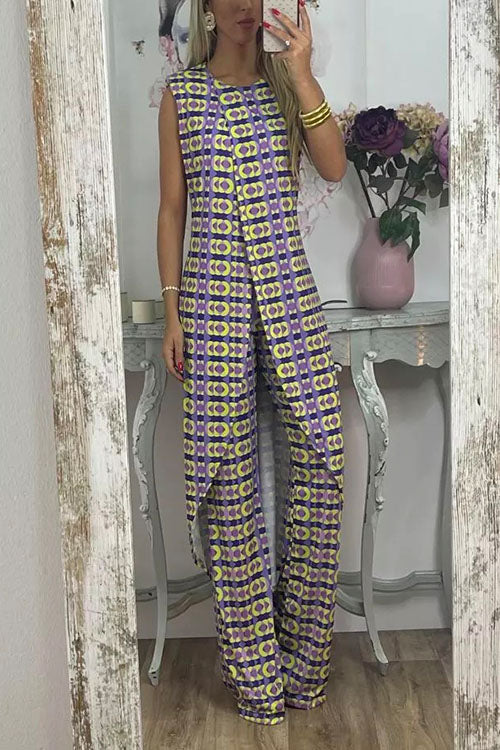 Karladress Printed High Slit Long Tank Top and Bell Bottoms Pants Set