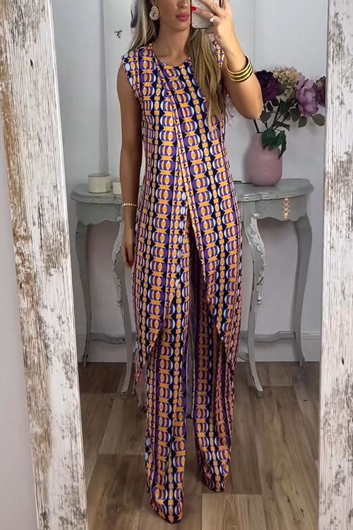 Karladress Printed High Slit Long Tank Top and Bell Bottoms Pants Set