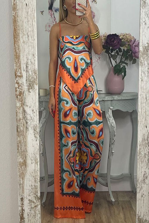 Karladress Tie Back Irregular Cami Top Wide leg Pants Printed Set