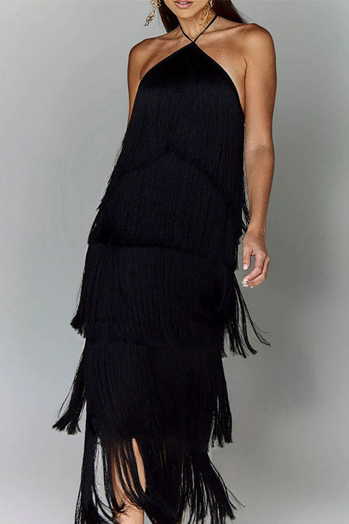 Karladress Chicest Halter Ruffle Layered Fringe Maxi Party Dress