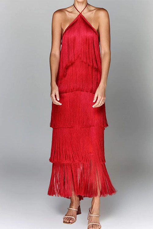 Karladress Chicest Halter Ruffle Layered Fringe Maxi Party Dress