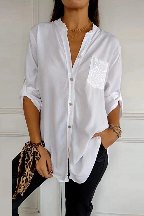 Karladress Rolled Up Sleeves Button Down Sequin Splice Blouse Shirt