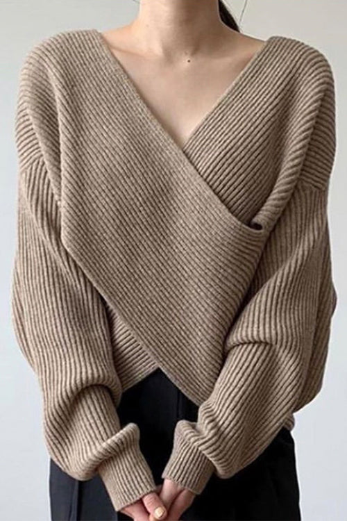 Karladress V Neck Criss Cross Front Ribbed Knit Sweater