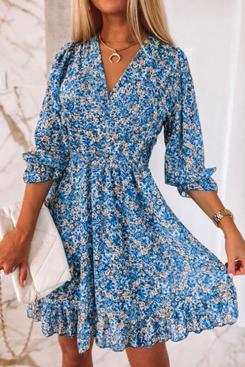 Karladress V Neck Puff Sleeve Waisted Floral Ruffle Dress