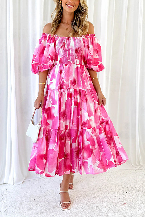 Karladress Off Shoulder Puff Sleeves Ruffle Tiered Printed Midi Dress