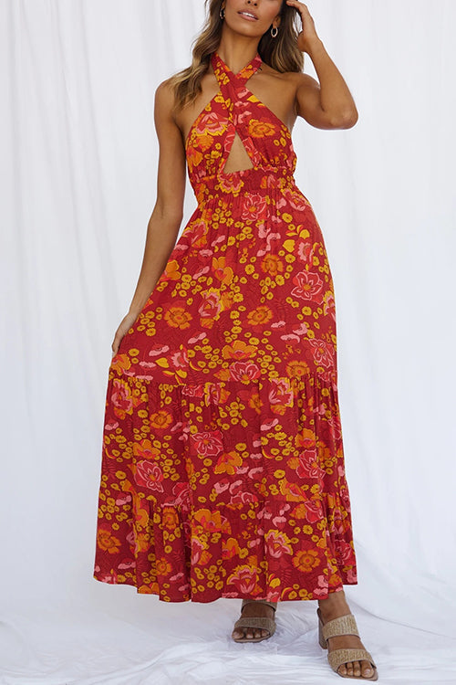 Karladress Criss Cross Halter Backless Cut Out Slit Floral Maxi Dress