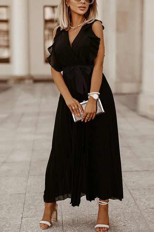 Karladress Wrap V Neck Ruffle Sleeve Tie Waist Pleated Maxi Dress