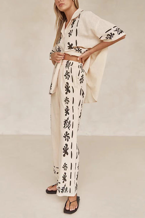 Karladress Cotton Linen Short Sleeves Button Down Shirt Elastic Waist Wide Leg Pants Printed Set