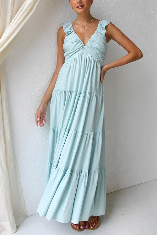 Karladress V Neck Ruffle Trim Tiered Sleeveless Linen Maxi Dress