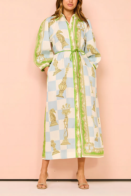 Karladress Button Down Tie Waist Pocketed Unique Print Midi Shirt Dress